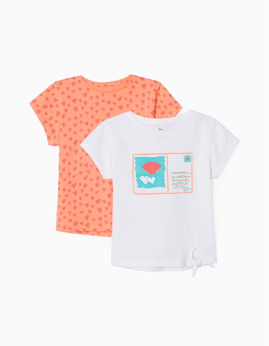 2 T-Shirts for Girls 'Postcard', White/Coral