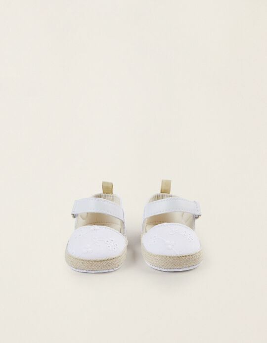 Sandálias de Tecido e Juta para Recém-Nascida, Branco/Bege