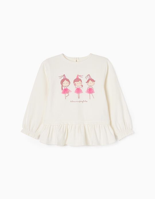 Camiseta de Manga Larga de Algodón para Bebé Niña 'Bailarina', Blanco/Rosa