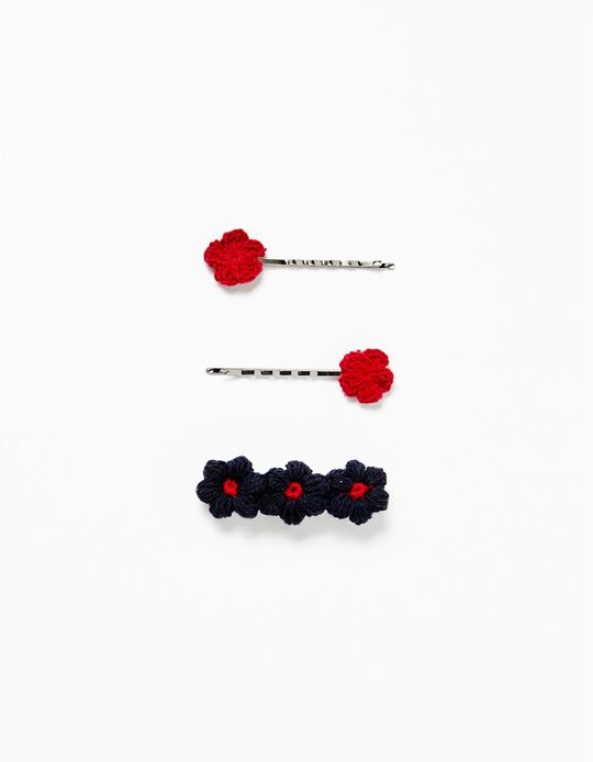 3-Pack Hair Pins + Barrette for Babies and Girls 'Flowers', Red/Dark Blue