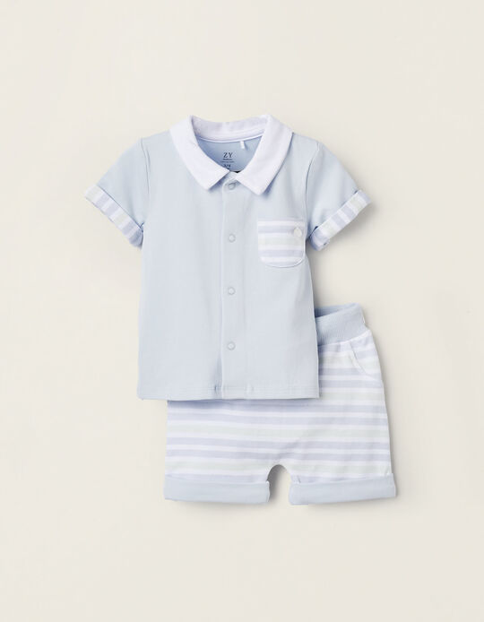 T-Shirt + Cotton Shorts for Newborn Boys, Blue/White/Green