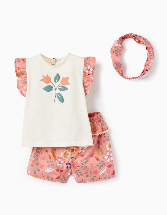 Comprar Online Fita para Cabelo + T-Shirt + Calções para Bebé Menina 'Floral', Bege/Rosa