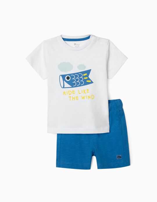 T-Shirt + Calções para Bebé Menino 'Ride Like The Wind', Branco/Azul