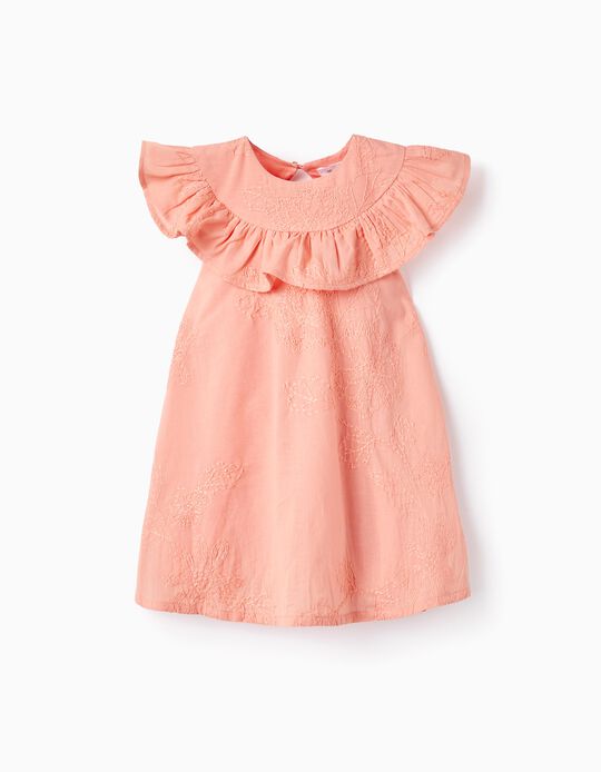 Cotton Dress with Embroidery and Ruffles for Baby Girls, Coral