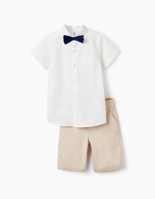 Camisa + Lazo + Short para Niño, Blanco/Beige