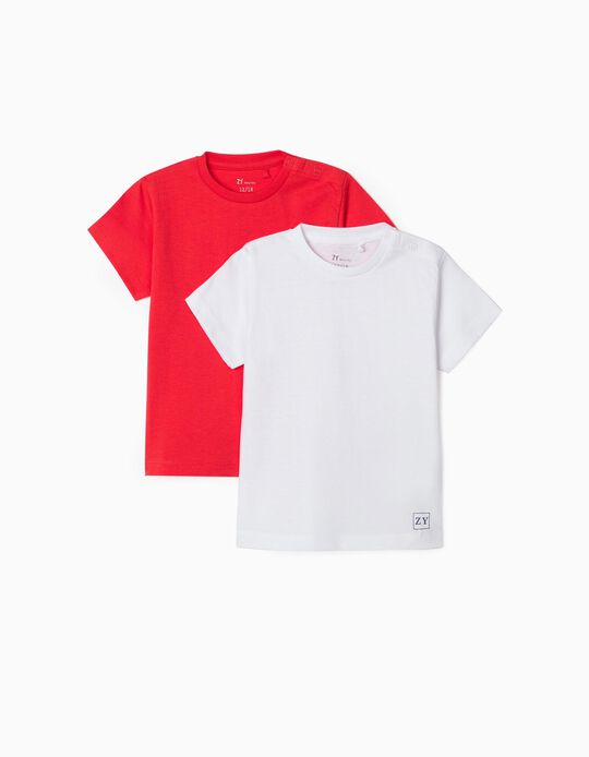 2 T-Shirts Unis Bébé Garçon, Blanc/Rouge