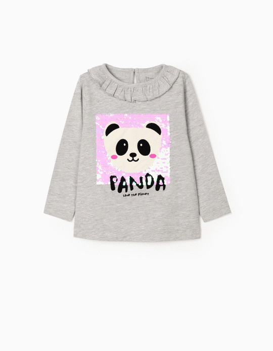 Long Sleeve Top for Baby Girls, 'Panda', Grey
