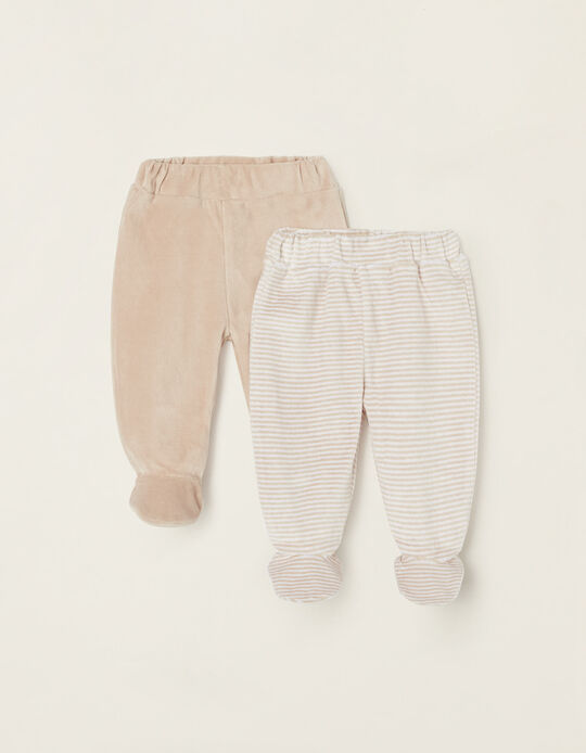 2-Pack Footed Trousers with Velour Feet for Newborn Babies, Beige