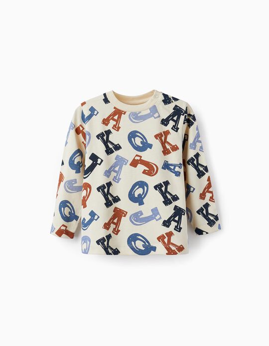 Long Sleeve Cotton T-shirt for Baby Boys 'Alphabet', Beige