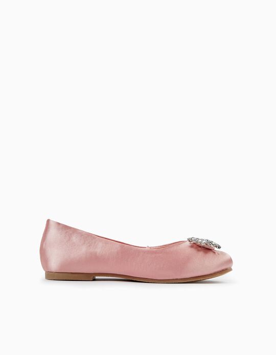 Satin Ballet Pumps with Rhine Stones for Girls, Pink