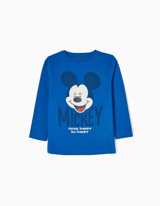 T-shirt de Algodão de Manga Comprida para Menino 'Happy Mickey', Azul
