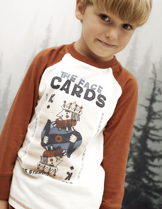 Cotton T-Shirt for Boys 'The Face Cards', White/Brown