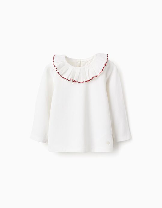 Comprar Online Camiseta de Manga Larga con Cuello Plisado para Bebé Niña, Blanco