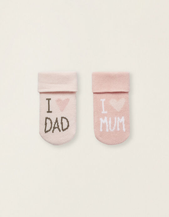 Pack of 2 pairs of Thick Baby Socks 'I Love Mum & Dad', Pink