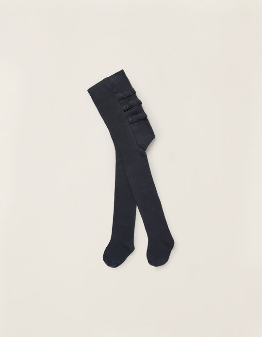 Cotton Tights with Frills for Baby Girls, Dark Blue