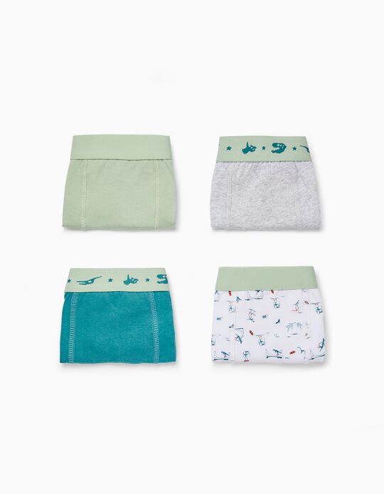 4-Pack Cotton Boxer Shorts for Boys 'Dinosaurs', Green/White/Grey
