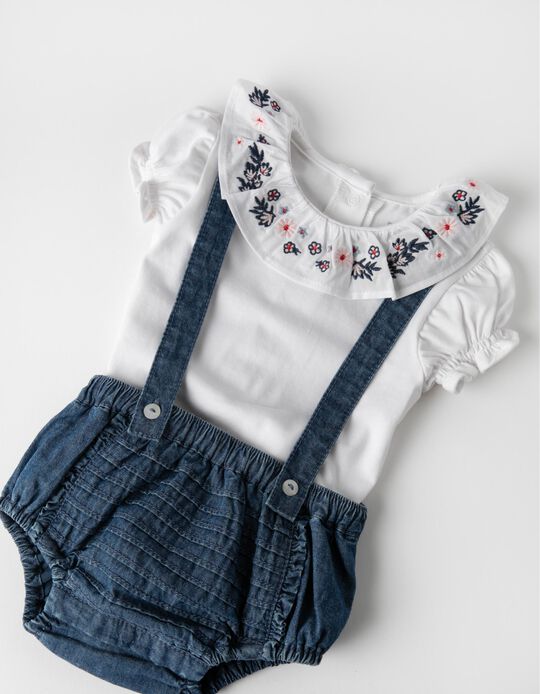 Bodysuit + Shorts with Straps for Newborn Baby Girls, White/Blue
