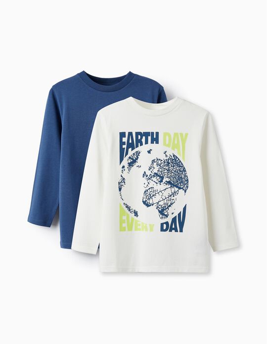 Comprar Online Pack 2 T-Shirts em Algodão para Menino 'Earth Day', Branco/Azul Escuro