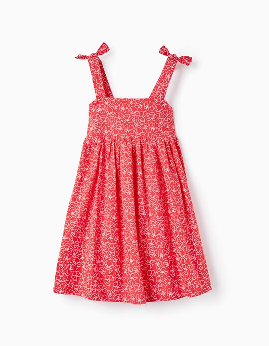 Cotton Dress with Floral Pattern for Girls, Red/White