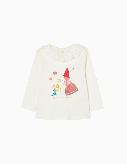 T-shirt à Manches Longues en Coton Bébé Fille 'Fleurs & Papillons', Blanc 