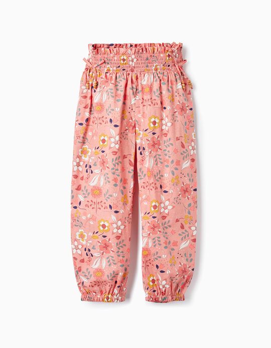 Cotton Trousers with Floral Pattern for Girls, Coral