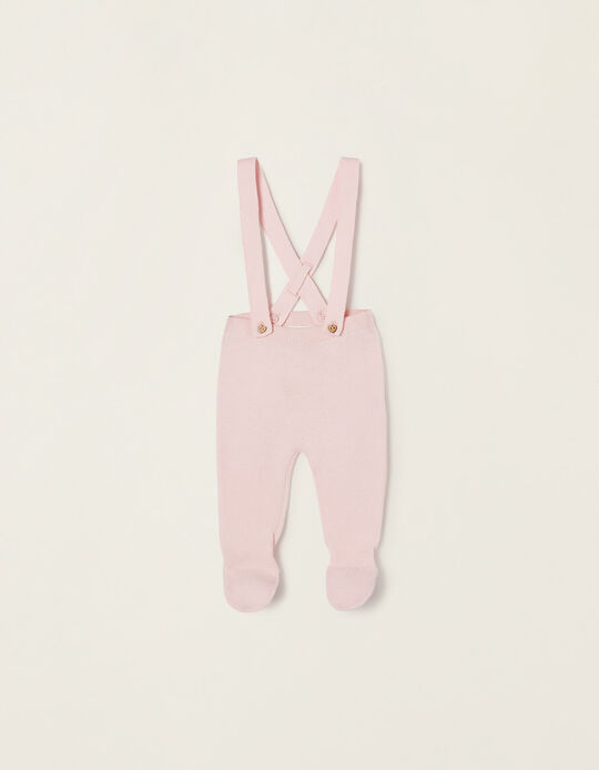 Cotton Footed Trousers with Removable Straps for Newborn Baby Girls, Pink