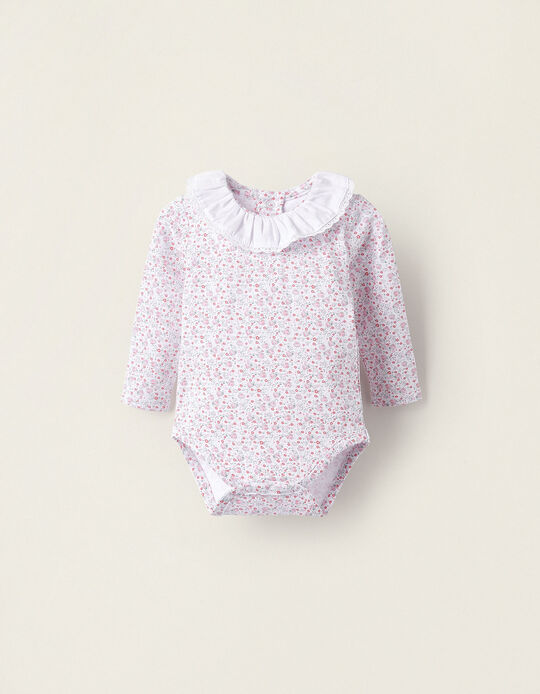 Floral Bodysuit with Frills and Lace for Newborns, White/Pink