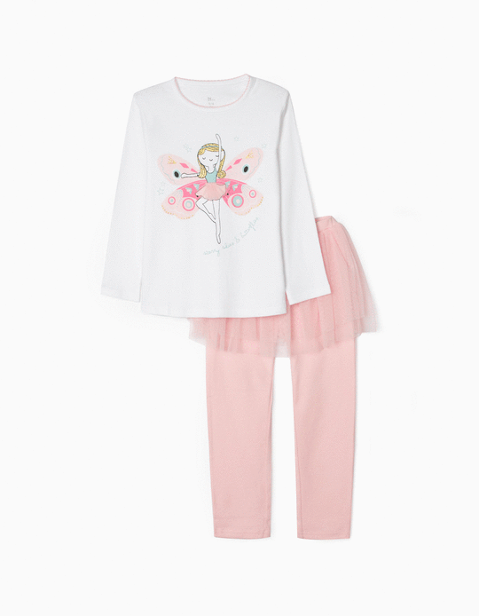 Pyjamas 100% Cotton for Girls 'Butterfly', White/Pink
