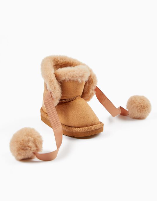 Boots with Faux Fur and Pm-poms for Baby Girls, Camel