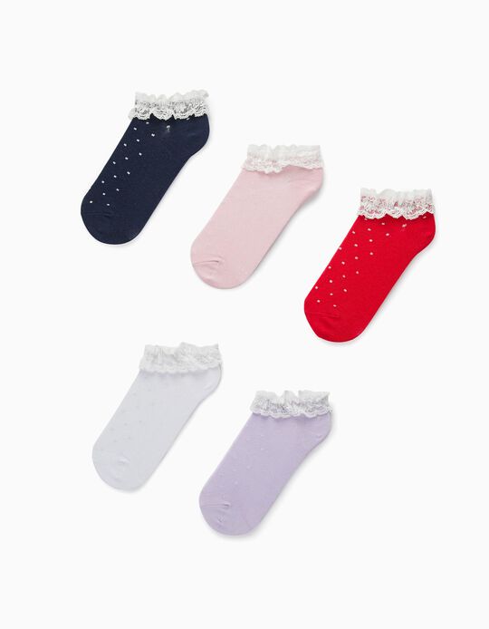 5 Pairs of Ankle Socks with Lace for Girls, Multicoloured