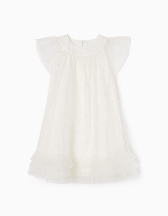 Dress with Pearls and Tulle for Girls, White