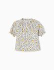 Short-Sleeve Floral Cotton Shirt for Girls, White