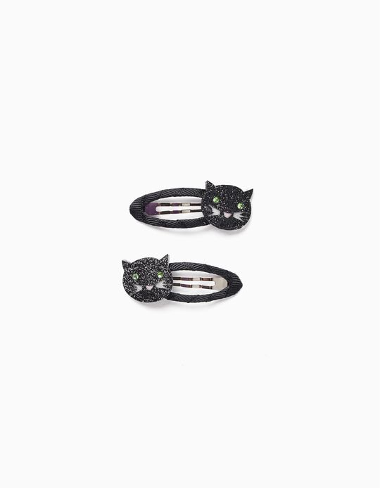 Pack of 2 Hair Clips for Baby and Girl 'Halloween - Black Cat', Black