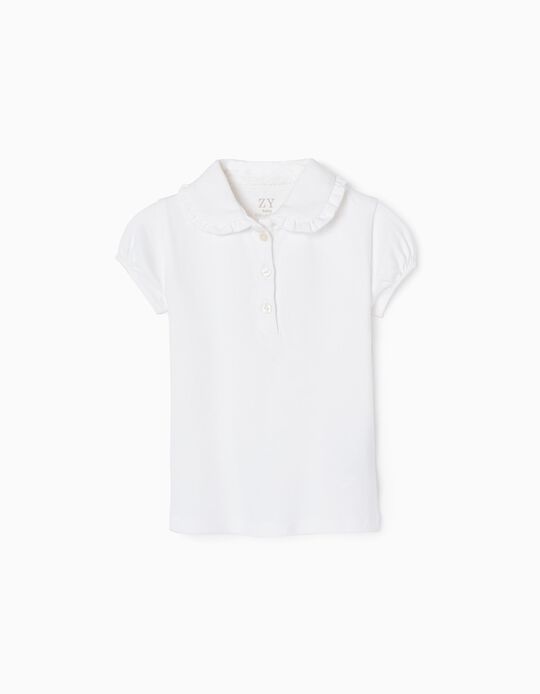 Short Sleeve Polo Shirt with Frills for Baby Girls, White