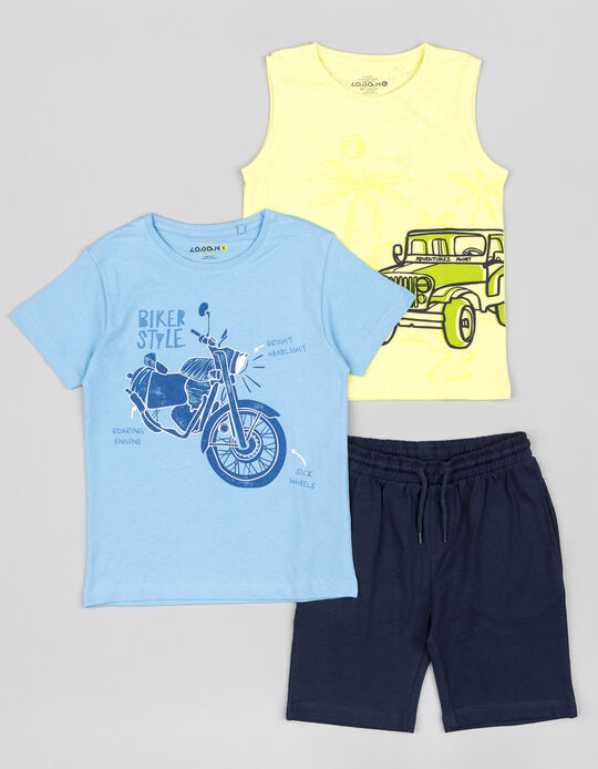 Comprar Online 2 T-shirts + Calções de Algodão para Menino 'Cars&Bikes', Amarelo/Azul