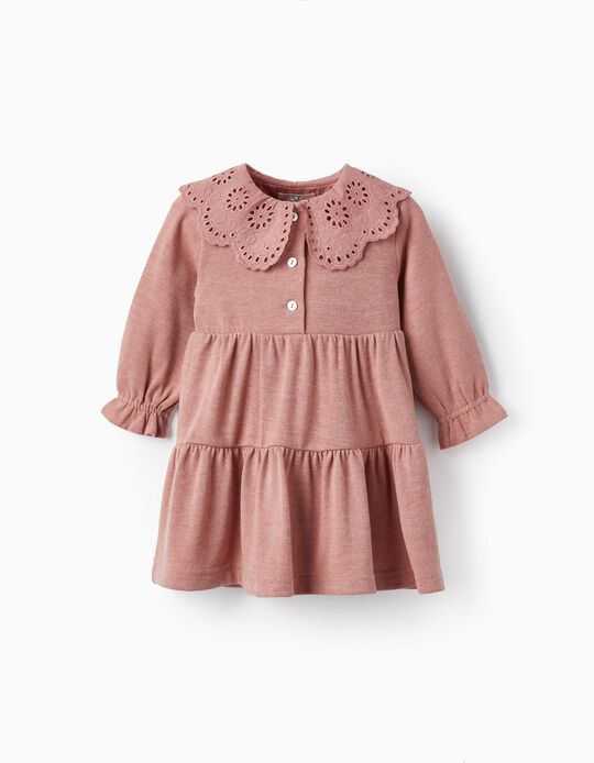 Knitted Dress with English Embroidery Collar for Baby Girls, Pink