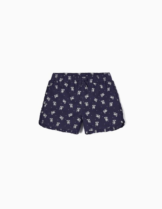 Cotton Shorts with Floral Pattern for Girls, Dark Blue