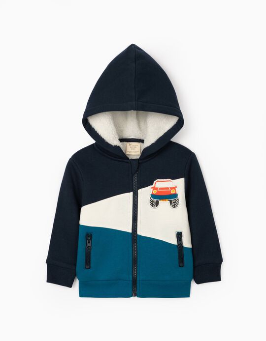 Hooded Sherpa Jacket for Baby Boys, '4x4', White/Blue