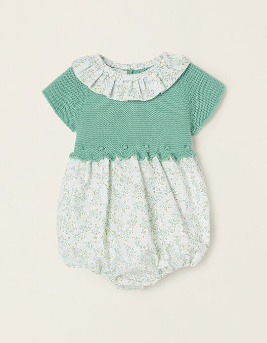 Cotton Knit Jumpsuit for Newborn Baby Girls, Aqua Green
