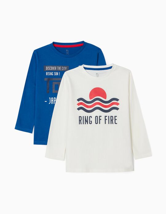 2 Long Sleeve T-Shirts for Boys 'Rising Sun', White/Blue