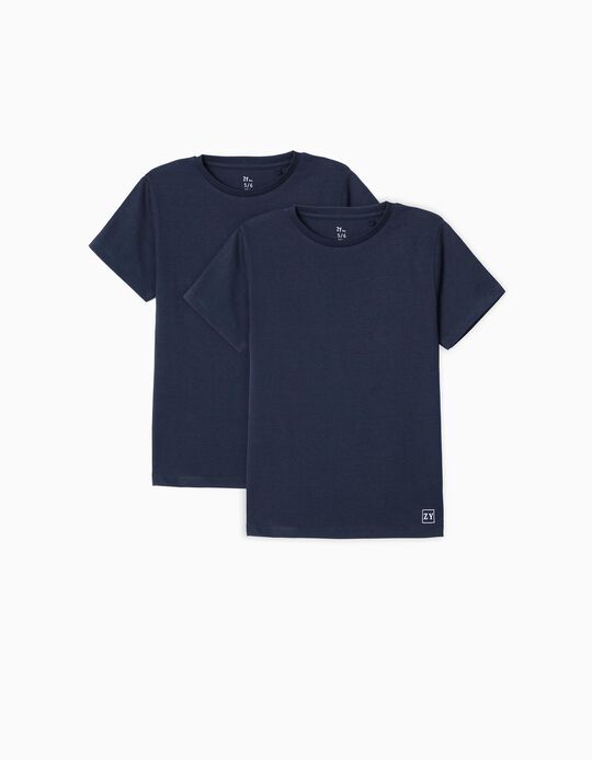 2 T-Shirts Unis Garçon, Bleu Foncé