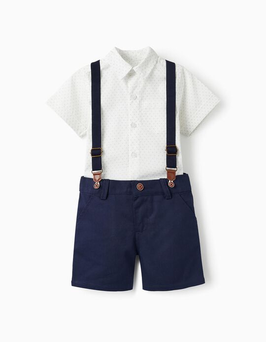 Camisa de Manga Curta + Calções com Suspensórios para Bebé Menino, Branco/Azul