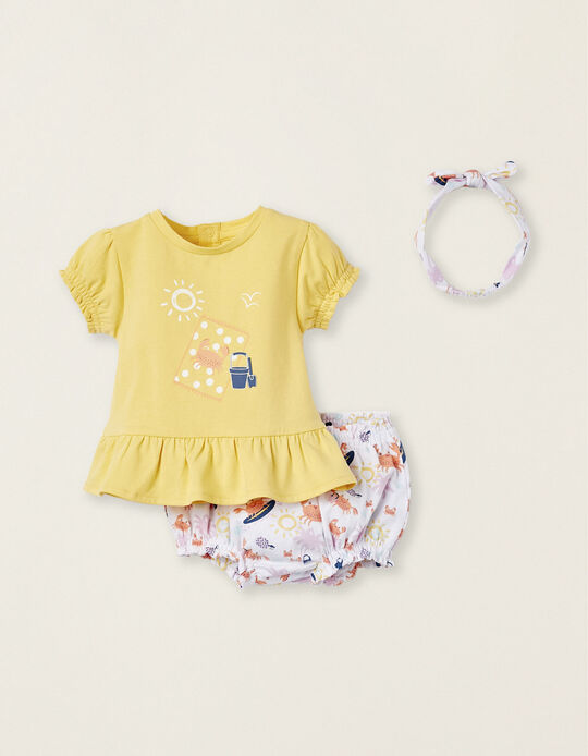 T-Shirt + Shorts + Headband for Newborn Girls 'Beach', White/Yellow