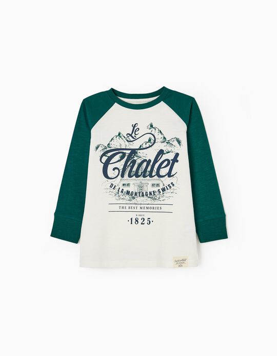 Long Sleeve Cotton T-shirt for Boys 'Swiss Alps', White/Green