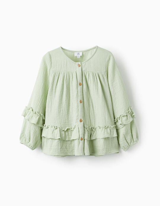 Cotton Bambula Shirt with Ruffles for Girls, Green