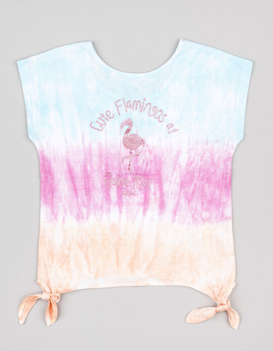 Comprar Online T-shirt de Algodão para Menina 'Flamingos', Azul/Coral/Rosa