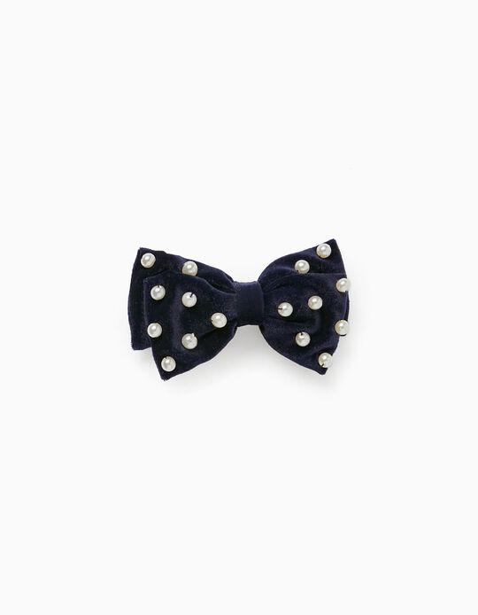 Hair Clip with Velvet Bow and Pearls for Babies and Girls, Dark Blue