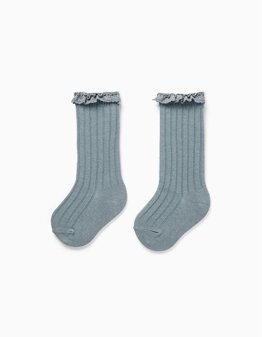 Knee-High Ribbed Socks with Lace for Baby Girl, Blue