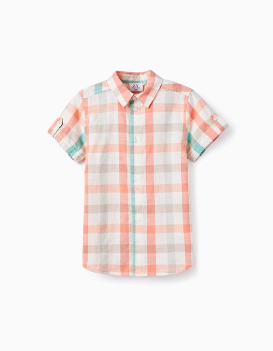 Checked Shirt in Cotton for Boys 'B&S', Aqua Green/Coral