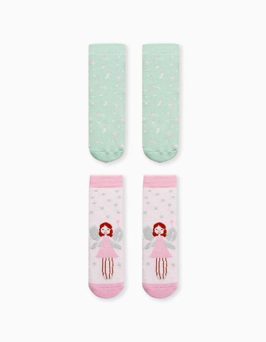 Pack of 2 Pairs of Non-slip Socks for Girls, Pink/Green